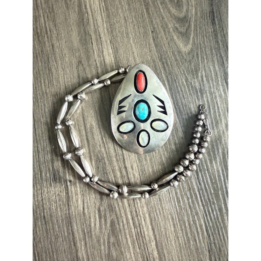 Vintage Sterling silver turquoise coral statement necklace.